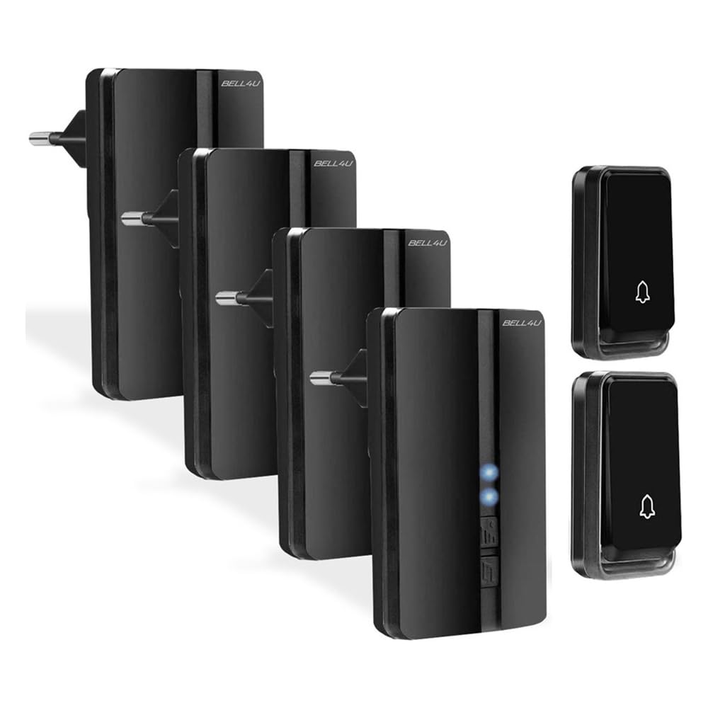 Timbre inalámbrico exterior impermeable sin batería – con cuatro receptores – resistente al agua - para puerta de casa - sin pilas | No requiere pilas, alcance de 200 m, IP55, 51 melodías, 4 volúmenes, indicador LED, fácil de montar
