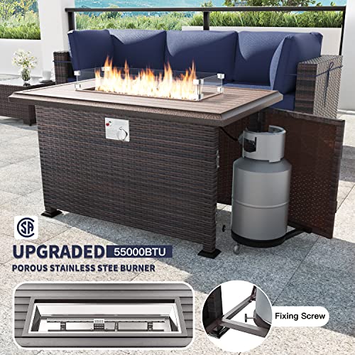 Kullavik 8 Pieces Outdoor Patio Furniture Set With 43" 55000Btu Gas Propane Fire Pit Table Pe Wicker Rattan Sectional Sofa Patio Conversation Sets,Dark Blue #TOP2
