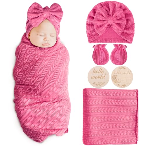 Image of AQOKKA Newborn Receiving Blanket with Bow Hat Mittens Wooden Card Set Wheat-Pattern Newborns Toddler Baby Boy Girl Nursery Swaddle Wrap