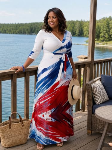 Image of PinkPatty Plus Size Maxi Dresses for Women Casual Flowy Long Dress 3 /4 Sleeve V Neck Wrap Dress with Belt