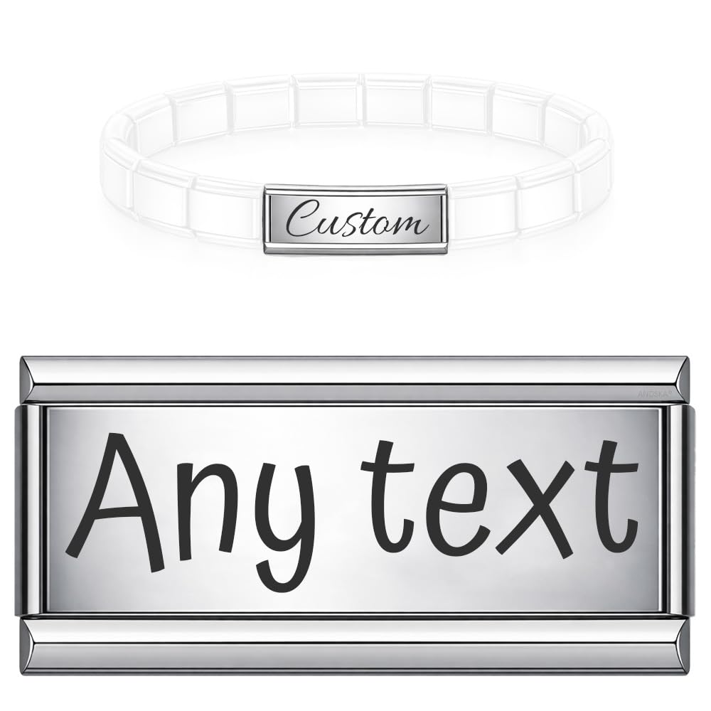 Personalised Engraved Long Double Link Charm for 9mm Italian Modular Stretch Bracelet Custom Text Name Date Paw Heart Silver and Gold (Custom Text)