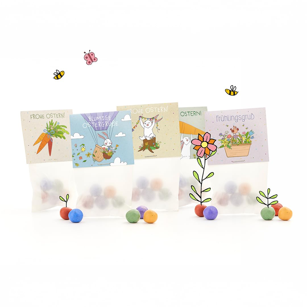 Oster-Geschenkset mit 10 x bunten Blumenmurmeln im Tütchen l 5 verschiedene, liebevoll gestaltete Ostermotive l Kleine Saatkugeln in einem Tütchen im Oster-Design l Geschenk zu Ostern l Geschenkidee