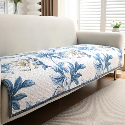 Image of HOKIPO 'HomeHues Series' Printed Quilted 3 Seater Sofa Cover Seat Mat, Celadon Blue Camellia (IN-809-D8*1)