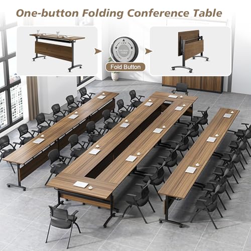 Folding Conference Table, Conference Room Tables with Wheels Foldable Large Rectangle Meeting Seminar Table for 6-12 People, Flip Top Mobile Training Table for Office Classr (4, Walnut, 55.1in)