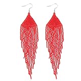 Samiyack Native Long Beaded Earrings – Bohemian Handmade Beaded Tassel Large Dangle Earrings, Boho Mexican Tribal Seed Bead Big Fringe Drop Earrings for Women (Red)