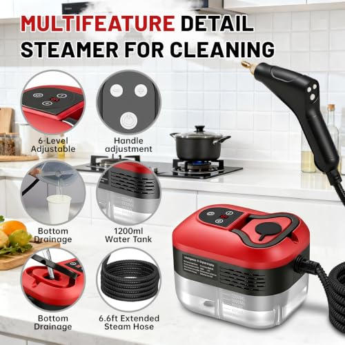 Image of Steam Cleaner, 6-Level Adjustable Steamer for Cleaning for Home, Car | Powerful 1500w, 15s Heat-Up, 1.2l Large Tank, High Temp Pressurized Steam Cleaner for Home, Car, Kithen, Furniture,Tile Grout