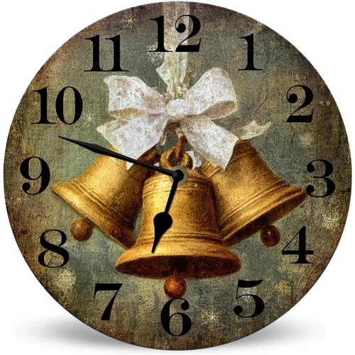 Horienteeon Reloj de pared vintage con tres campanas doradas, 25 cm, silencioso, sin tictac, funciona con pilas, funciona con pilas, para casa de campo, baño, baño, baño