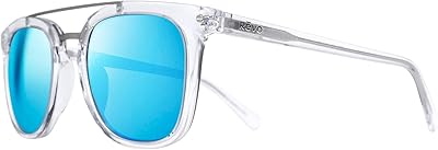 Revo Sunglasses Atlas: Polarized Crystal Glass Lens Filters UV, Square Frame with Double Bridge, Crystal Clear Frame with H2O Blue Lens