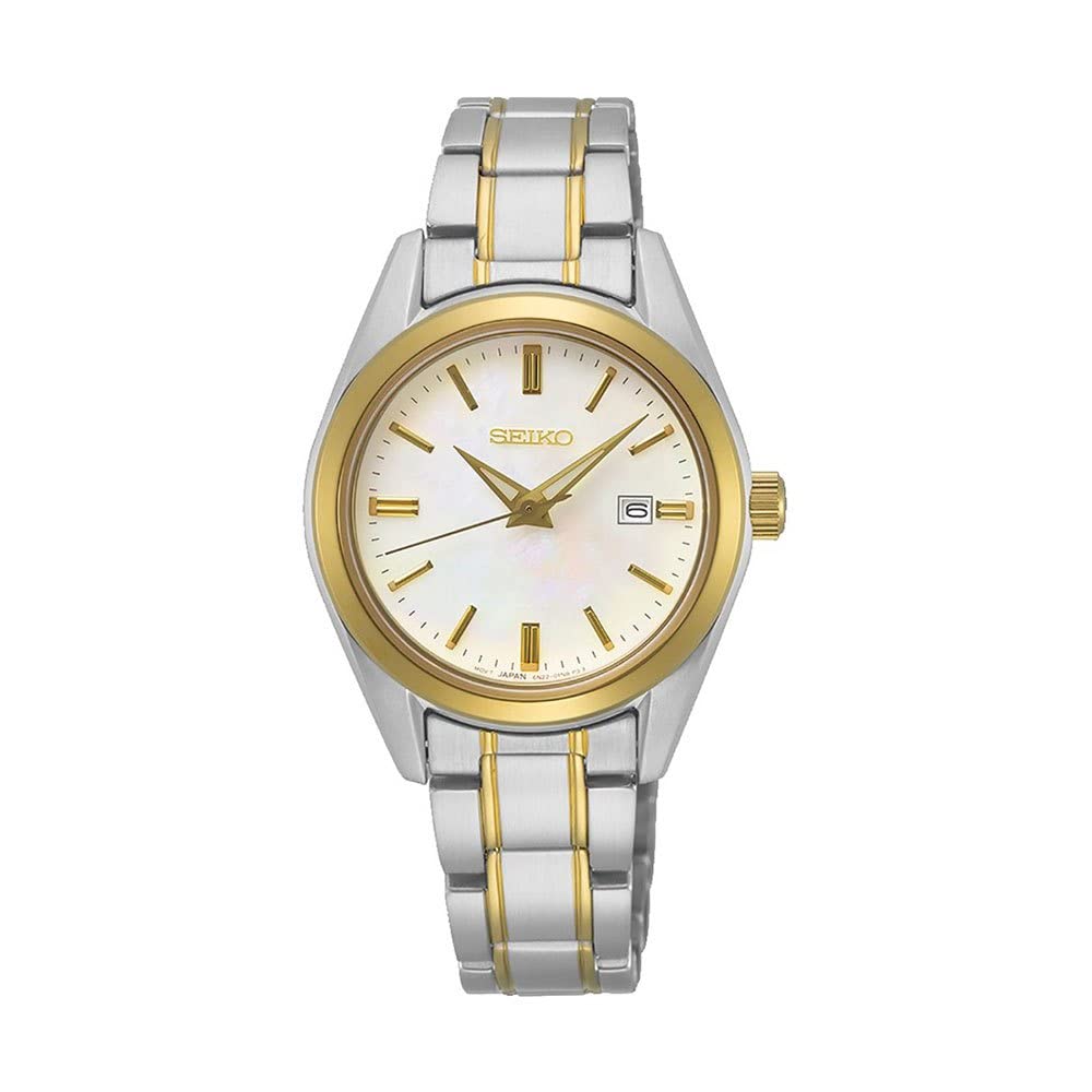 Seiko ladies watch with quartz movement and two tone stainless steel bracelet, case and mother of pearl dial