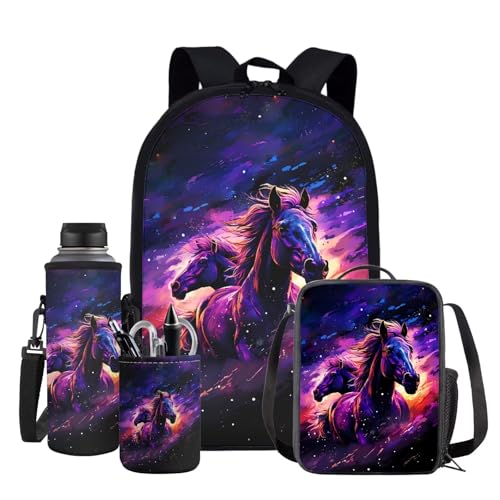 TODIYADDU Friendly Horse 1St Grade Backpack for Boys Girls Bookbag with Lunch Box Water Bottle Sleeves and Lightweight Pencil Holder 4 in 1 School Bag Back Packs for Daily Life/Gifts
