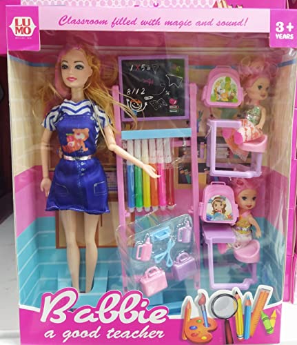 Image of Tickles Teacher Study Prime Plastic Doll Playset Set With 2 Nos Student Doll Set School Benches, School Table, Bags And Bottles - Assorted- Multi Color Size: 30 Cm