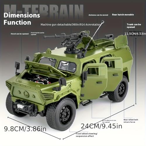 YNZHULIKH 1:18 Scale Military Armored Vehicle Model, Die-Cast Metal, Opening Doors, Rotating Gun Turret, Green - Image 3