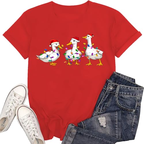 Womens Christmas Duck T-Shirt Funny Holiday Goose Tee with Santa Hats Colorful Lights Cute Festive Top