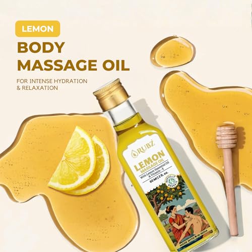 Image of Rubz Lemon Body Massage Oil - 60ml | Refreshing Citrus Body Oil | Quick Absorbing Herbal Body Massage Oil for Men & Women