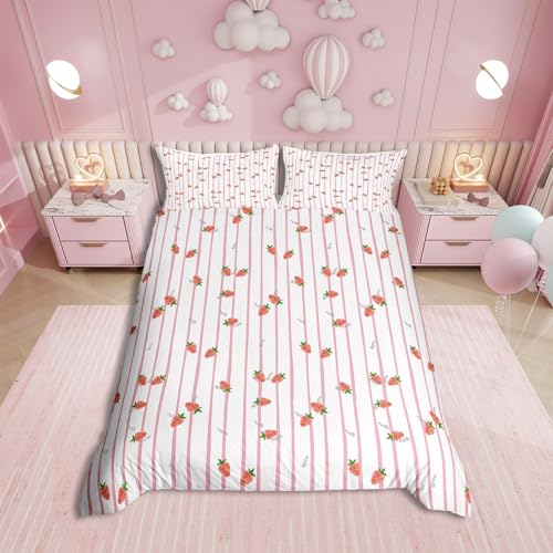 Erosebridal Strawberry Comforter Cover, Kids Cute Fruit Duvet Cover Full Size, Kawaii Strawberry Bedding Set for Girls Women Bedroom, Geometric Stripes Reversible Quilt Cover with 2 Pillow Cases, Pink