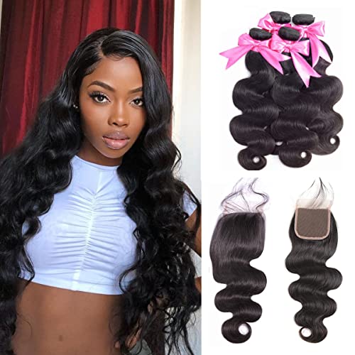 Coisini Hair Human Hair Bundles with Closure (24 26 28 30+20 inch) 9A Brazilian Body Wave 4 Bundles with 4×4 Free Part Swiss Lace Frontal 100% Unprocessed Virgin Hair Extensions Natural Color