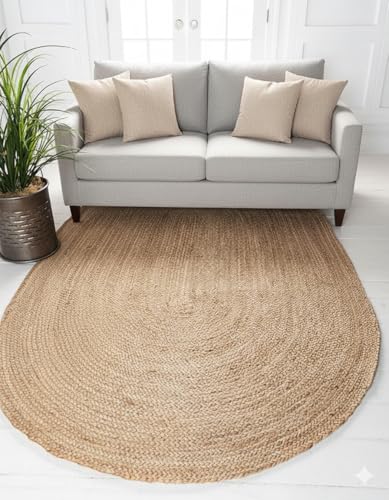 Craft Trade Tapis en jute naturelle tressé à la main réversible rustique pour salon, chambre à coucher, décoration d'intérieur, ovale, 1,2 x 1,8 m