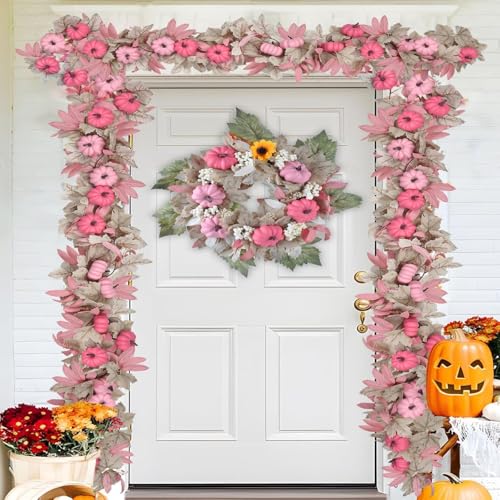 5.7FT Realistic Autumn Artificial Pumpkin Garland for Thanksgiving Decor (Pink) - image 3