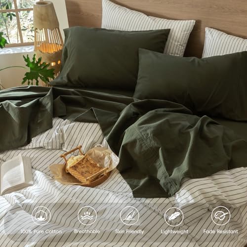 Image of MooMee Bedding Sheet Set 100% Washed Cotton Linen Like Textured Breathable Durable Soft Comfy (Solid Olive Green, Queen)