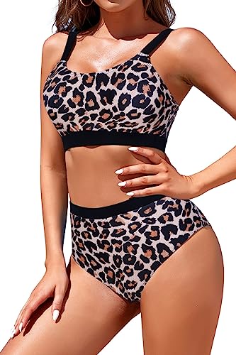 Image of Womens High Waisted Bikini Sets Sporty Crop Top Color Block Swimwear Bandeau Scoop Neck Vintage Two Piece Bathing Suits