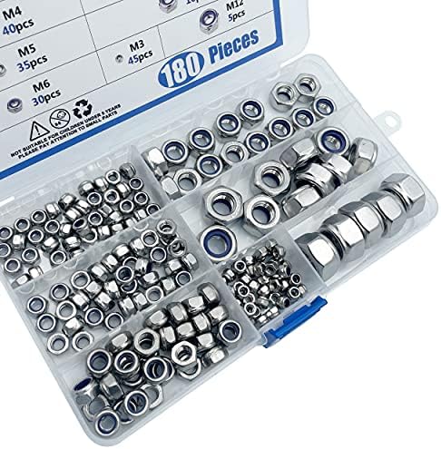 BESTYCHAO 180pcs Nylon Lock Nuts Stainless Steel Insert Hex Nut Assortment Kit, Self-locking Lock Nuts M3 M4 M5 M6 M8 M10 M12