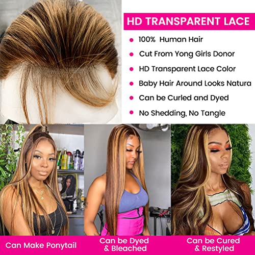 Manhoter Highlight Lace Front Wigs Human Hair Ombre 13X4 Straight Lace Front Wigs Human Hair For Women 4/27 Color Glueless Wigs Human Hair Pre Plucked With Baby Hair 180% Density 18 Inch #TOP4