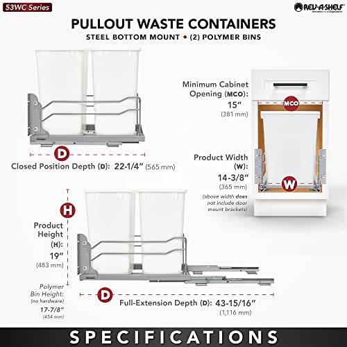 Rev-A-Shelf Double Pullout Trash Cans for Under Kitchen Cabinets 35 Quart 8.75 Gallon with Soft-Close Slides, Metallic Silver, 53WC-1835SCDM-217
