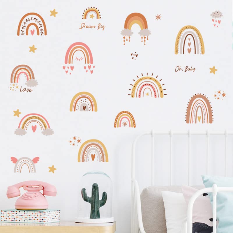 Image of Boho Rainbow Wall Decor Stickers Watercolor Rainbow Heart Star Wall Stickers For Girls Boys Baby Bedroom Nursery Classroom Kids Play Room Home Decor