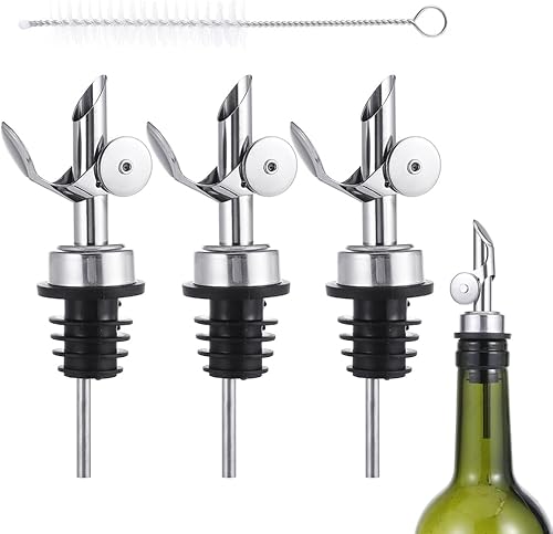 beyonday 3 vertedores de botellas de licor de cierre automático, color plateado, tapones para botellas de vino con tapa de goma para polvo y cepillo