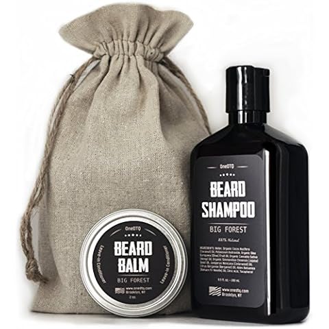 Big Forest Beard Growth Kit; Beard Shampoo & Beard Balm, All Natural and Organic Facial Hair Care; in a Mustache Stamped Linen Pouch Cover