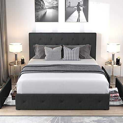 Allewie Upholstered Queen Size Platform Bed Frame With 4 Storage Drawers And Headboard, Diamond Stitched Button Tufted Mattress Foundation With Wooden Slats Support, No Box Spring Needed, Dark Grey #TOP1