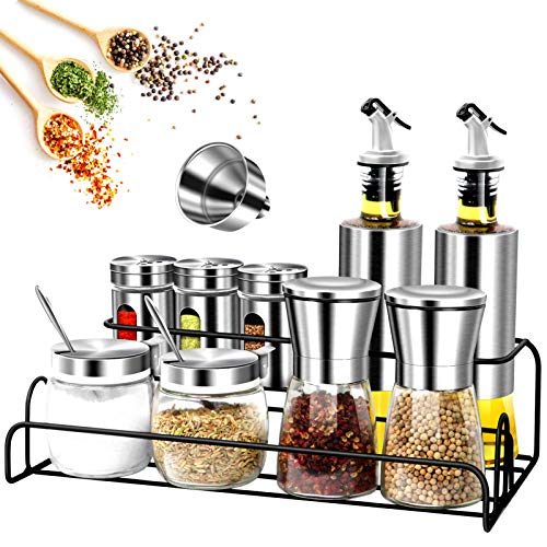 13Pcs Spice Containers Glass Set with Spice Rack Include Salt and Pepper Grinderoil and vinegar dispenser setSugar Bowl with Lid and SpoonSpice Jars Glass EmptySpice Rack for Kitchen