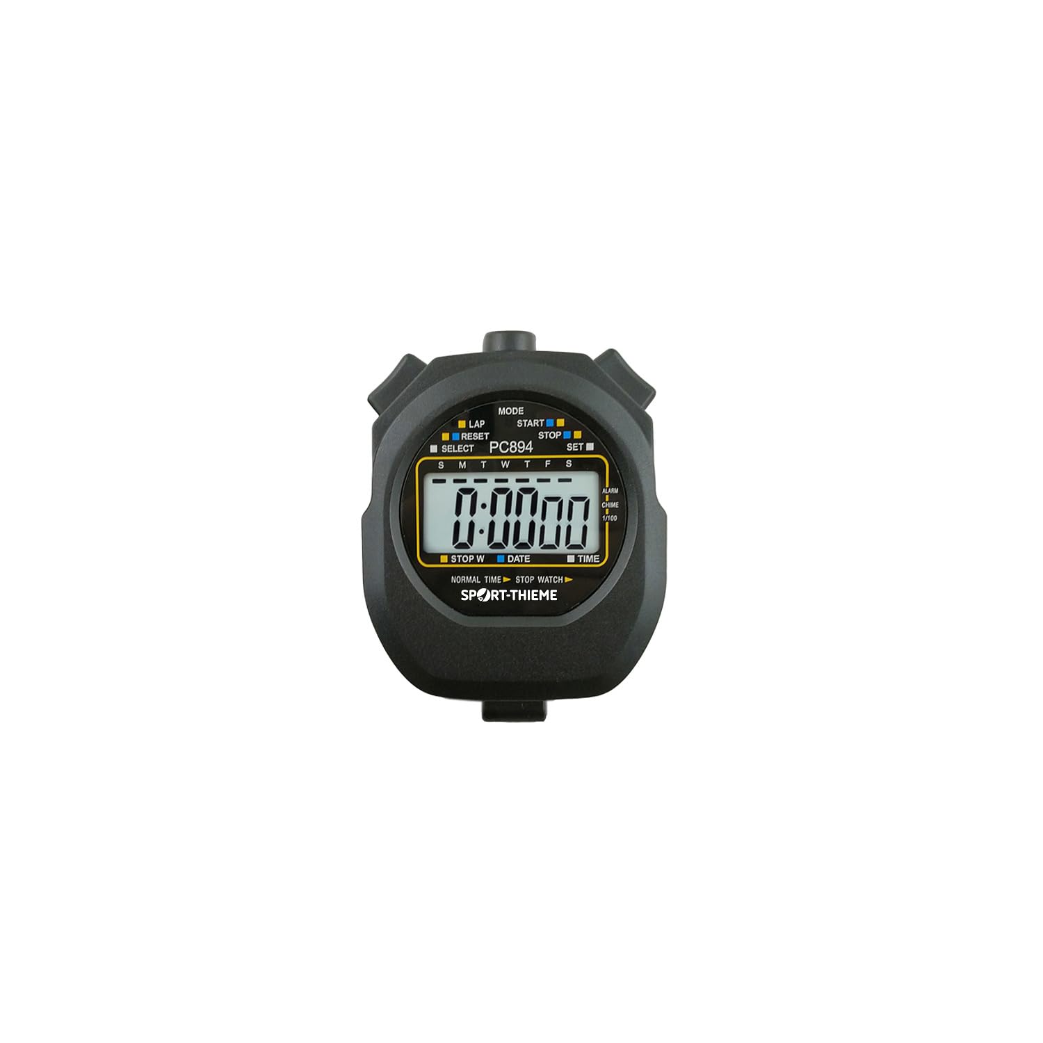 Sport-Thieme Stoppuhr Start | Handstoppuhr, Uhrzeit, Datumsanzeige | 2 Speicherplätze | Taktgeber/Pacer | Stoßfest | Spritzwassergeschützt | Großes Display | 82x62x23 mm | 93 g