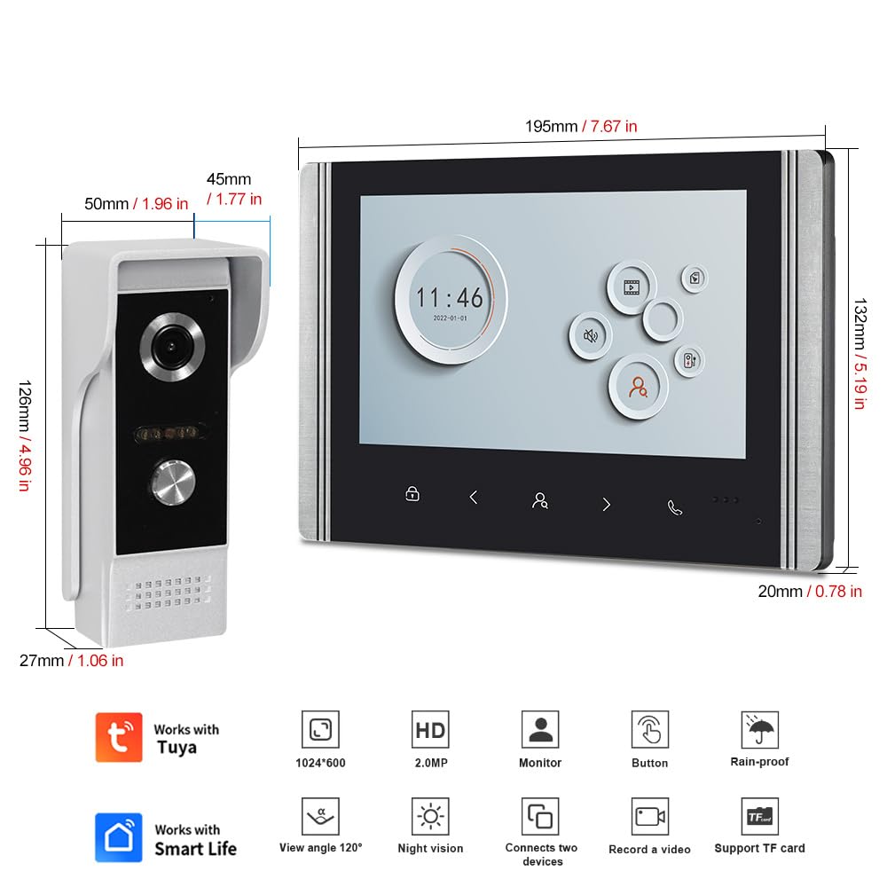 Sistema de Intercomunicador de Vídeo WiFi Tuya para Casa, Timbre de Cámara Vídeo 1080P HD con 2 Monitores Pantalla IPS de 7 zoll, Visión Nocturna IR, Grabación, Audio Bidireccional