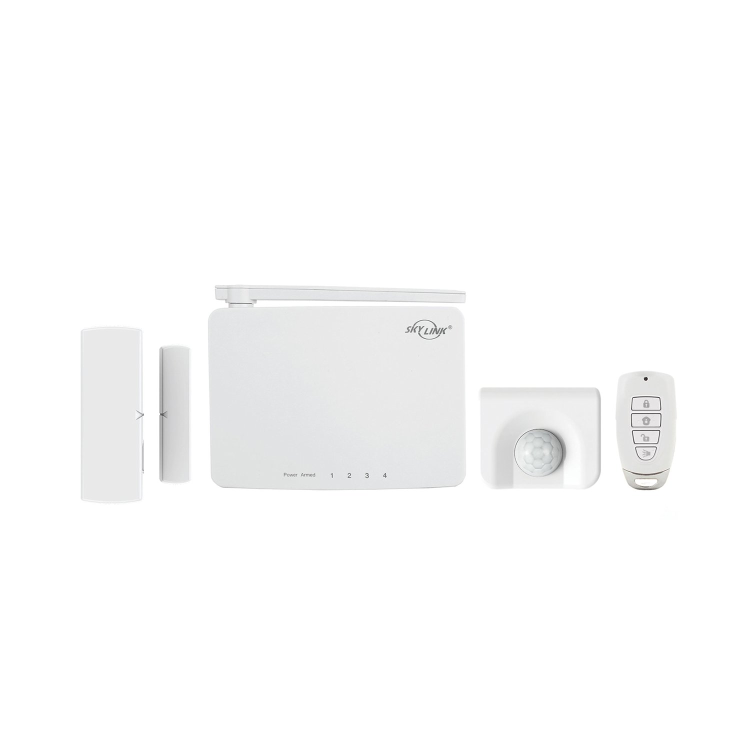 SKYLINKM-Series Basic Kit 4-Zone Alert Alarm System, Works with up to 16 Wireless, Package Includes Door, Motion Sensor, and Keychain Remote. No Monthly Fees, White