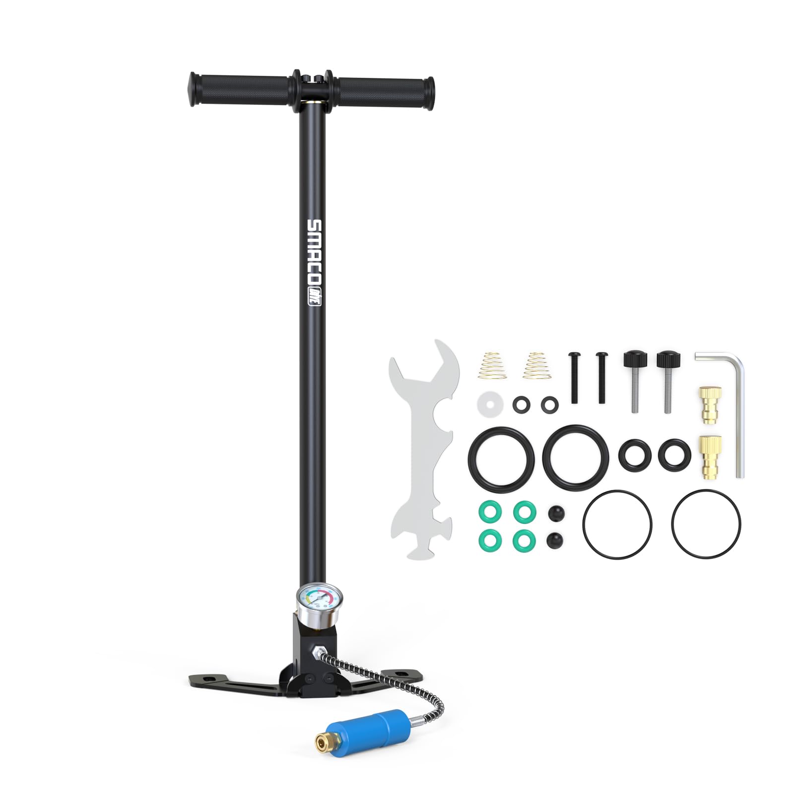 SMACO Hochdruck-Handpumpe, 4500 Psi/30 MPa, Luftpistole, Gewehrfüllung, Steigbügelpumpe, 3/4-stufige Hochdruck-Luftpumpe mit Manometer, Öl- und Wasserabscheider für Paintball, PCP, Tauchen