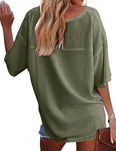 Merokeety Women's Waffle Knit V Neck Tops Off The Shoulder Casual Loose T Shirt Tee Blouse Olive #TOP2