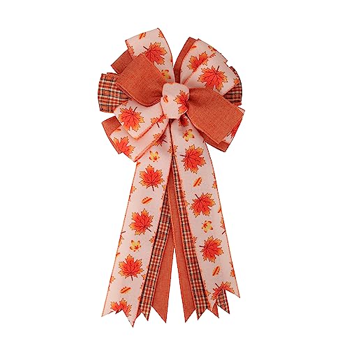 Meseey 1 Pcs Fall Maple Leaf Wreath Burlap Bow Multi-Layer Orange Buffalo Plaid Tree Topper Bow for Autumn Fall Thanksgiving Day Indoor Outdoor Wall Party Home Decoration (Fall)