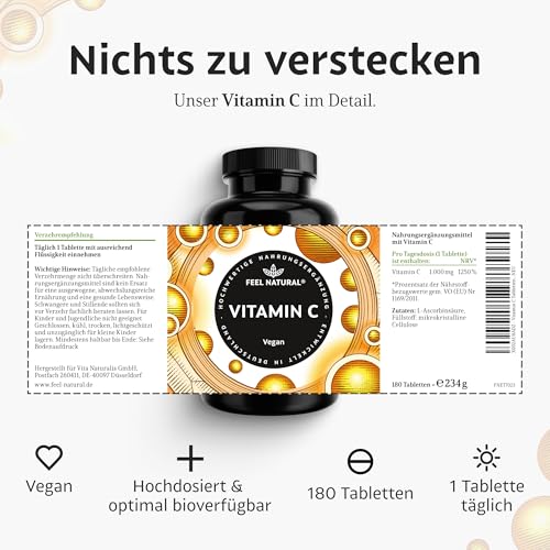 Vitamin C hochdosiert - 1000mg pro Tablette – 180 Tabletten - Vitamin C als L-Ascorbinsäure – vegan – in Deutschland entwickelt & laborgeprüft