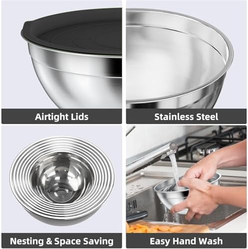 Menbyci 6 Pcs Mixing Bowls with Lids,Stainless Steel Mixing Bowls,Black Non-Slip Bottoms,Including Kitchen Utensils,Mixing Bowl Set for Kitchen Mixing Baking Prepping Cooking Serving — view 6