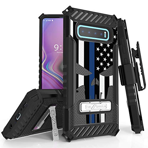 Beyond Cell Trishield Series Compatible with S10+ Case/Military Grade Rugged Cover + [Metal Kickstand]+[Belt Clip Holster] Compatible with Samsung Galaxy S10 Plus (2019)- Thin Blue Line US Flag Skull