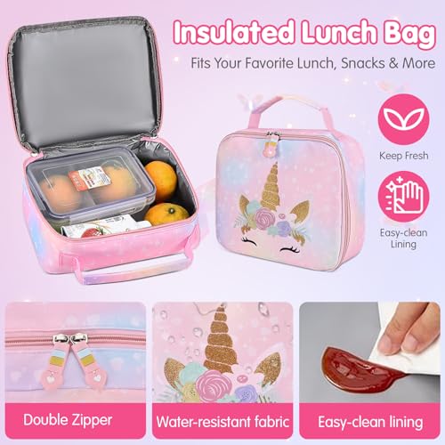 Cokouchyi 3 Pcs Kids Backpack Set with Lunch Box & Pencil Case, Lightweight Preschool Backpack for Girls Age 3-8, Kids Book bag Elementary, Unicorn4