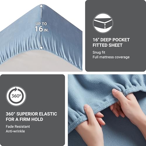 Image of True North by Sleep Philosophy Micro Fleece Bed Sheet Set, Warm, Sheets with 14 inch Deep Pocket, for Cold Season Cozy Sheet-Set, Matching Pillow Case, Twin, Blue, 3 Piece