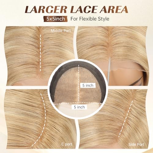 Image of KKU 16 Inch Human Hair Wigs for Women,5x5 Lace Front Wigs Human Hair,wigs for women (Golden Blonde)