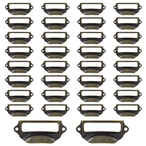Auvotuis 30Pcs Antique Bronze Frame Tag Label Holder Office Library File Drawer Tag, Metal Vintage Cabinet Label Card Pull Handles with Screws for Furniture