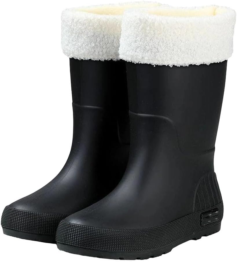 Women's Mid Calf Rain Boots Thermal Lined Waterproof Slip Resistant Work Shoes Solid Color For Kitchen And Chores