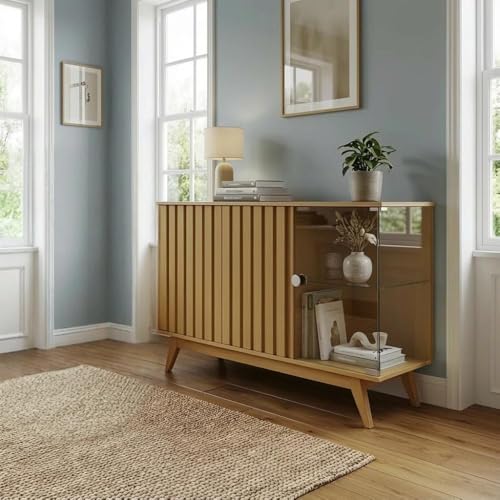 Buffet Aparador com Portas Ripadas e Detalhes em Vidro