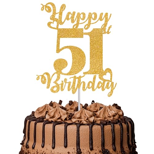 1Pc Happy 51st Birthday Cake Topper Glitter Cheers to 51 Years Cake Topper 51 Fabulous Cake Decoration for Happy 51st Birthday Party Cake Decorations Supplies Gold
