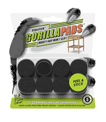 Slipstick GorillaPads CB147 Non Slip Furniture Pads/Gripper Feet (Set of 16) Self Adhesive Rubber Floor Protectors, 25mm Round, Black