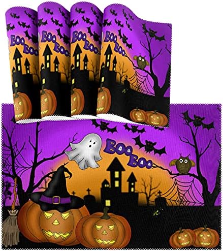 Naanle Halloween Placemats Set of 4, Ghost Owl Pumpkin Heat-Resistant Washable Table Place Mats for Kitchen Dining Table Decoration